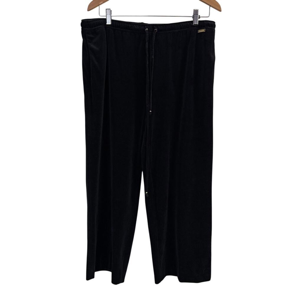 St John Sport Velour Pants Womens Large Black Wide Crop Elastic Logo Plaque 24"